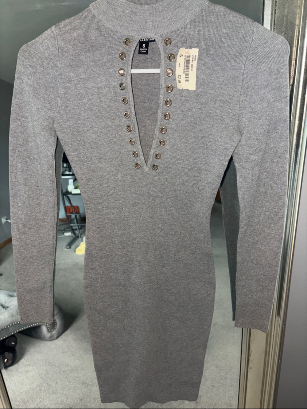 Grey Long-Sleeve Knit Dress with Eyelet V-Neck
